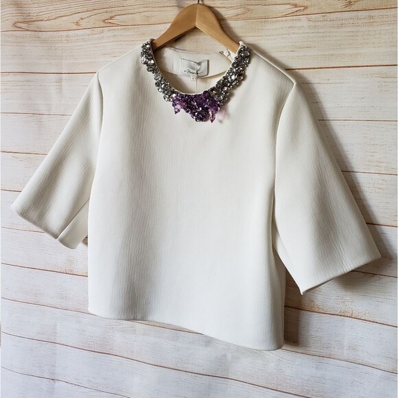 RARE! 3.1 Phillip Lim Oversized Top Shirt Encrusted Crystals Neckline Round Neck - Picture 3 of 11